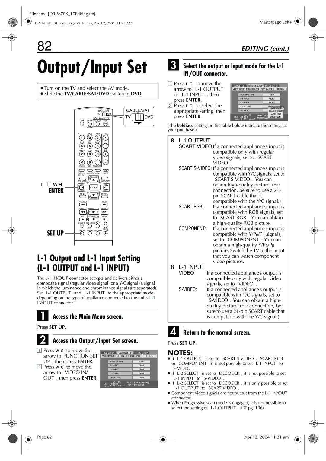 JVC DR-M7S manual Output and L-1 Input Setting L-1 Output and L-1 Input, Access the Output/Input Set screen 