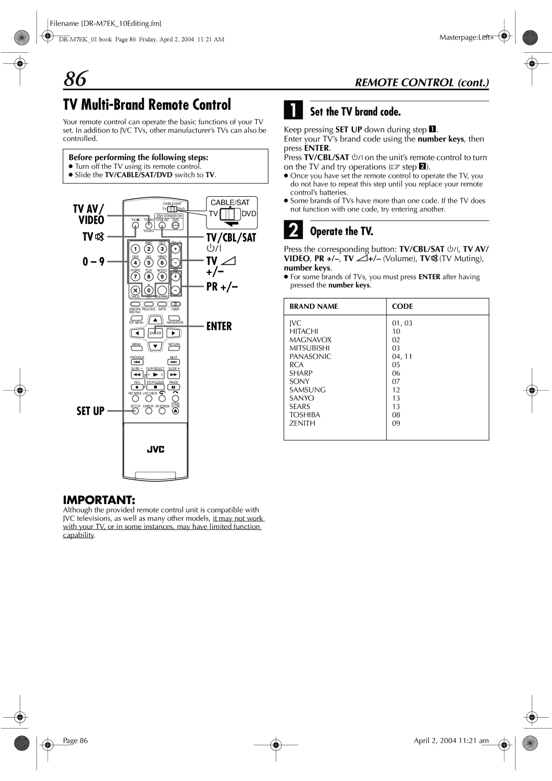 JVC DR-M7S manual TV Multi-Brand Remote Control, Tv %, Set the TV brand code, Operate the TV 