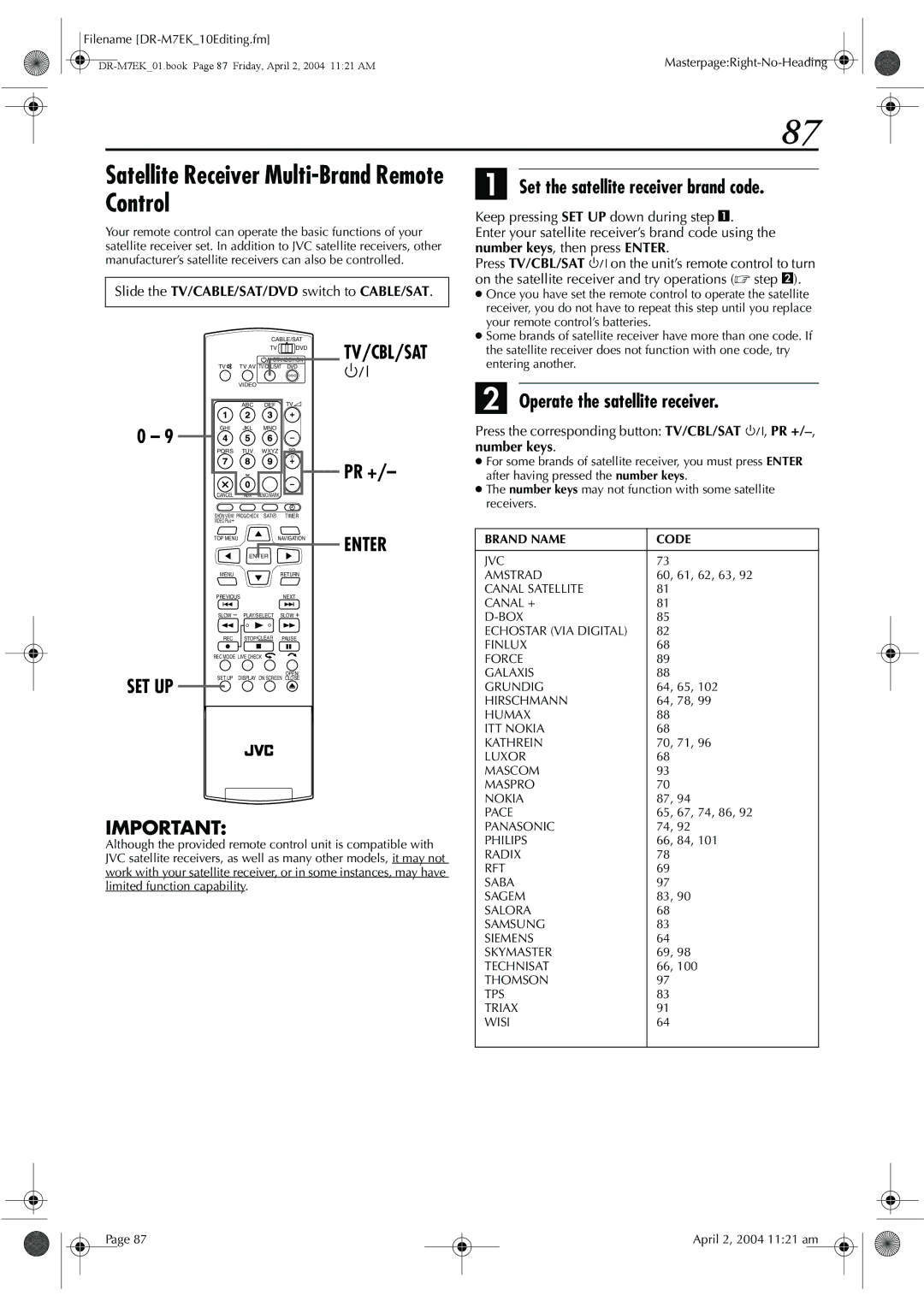 JVC DR-M7S manual Satellite Receiver Multi-Brand Remote Control, Set the satellite receiver brand code, 65, 67, 74, 86 