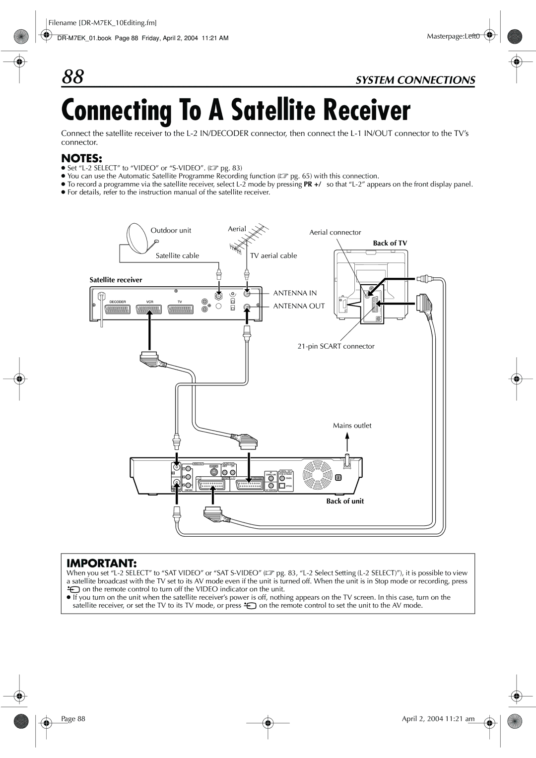 JVC DR-M7S manual Aerial Aerial connector, Pin Scart connector Mains outlet 