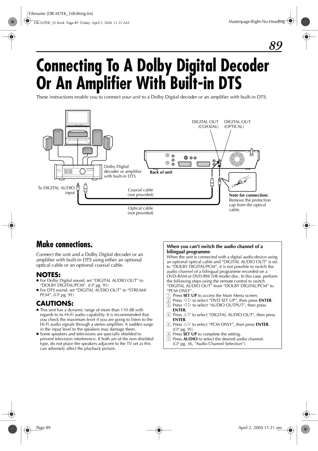 JVC DR-M7S manual Make connections, Digital OUT Coaxial Optical 