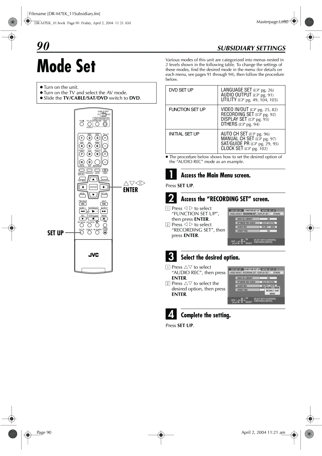 JVC DR-M7S manual Mode Set, Access the Recording SET screen, Press rt to select Audio REC, then press 