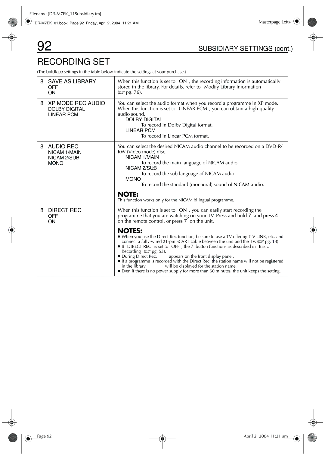 JVC DR-M7S manual Audio sound, To record in Dolby Digital format, To record in Linear PCM format, RW Video mode disc 