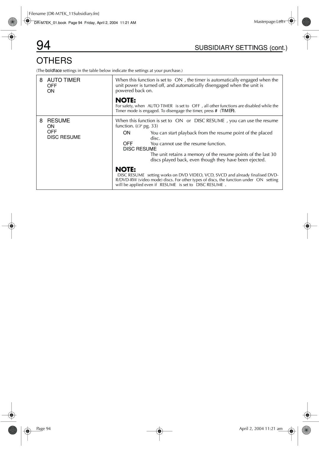 JVC DR-M7S manual Powered back on, Function.  pg, You can start playback from the resume point of the placed, Disc 