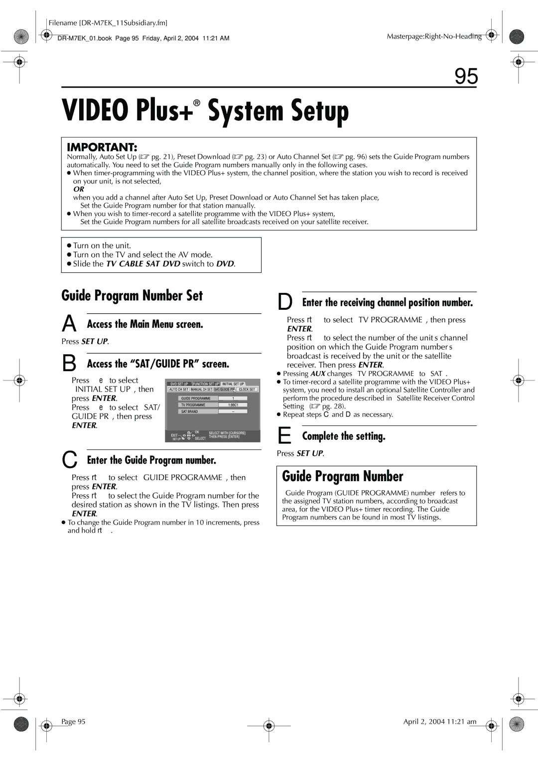 JVC DR-M7S manual Video Plus+ System Setup, Guide Program Number Set, Enter the Guide Program number 