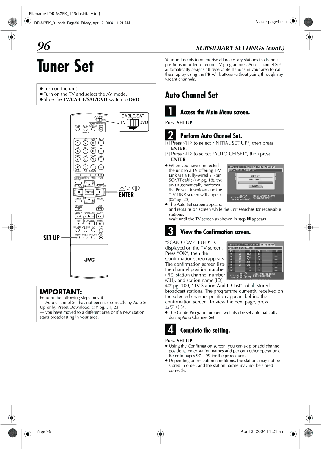 JVC DR-M7S manual Tuner Set, Perform Auto Channel Set, View the Confirmation screen 