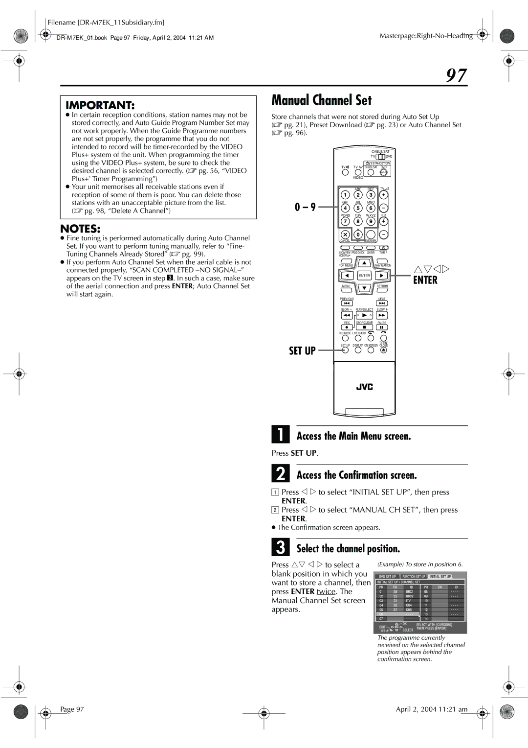 JVC DR-M7S manual Manual Channel Set, Select the channel position, Press w e to select Manual CH SET, then press 