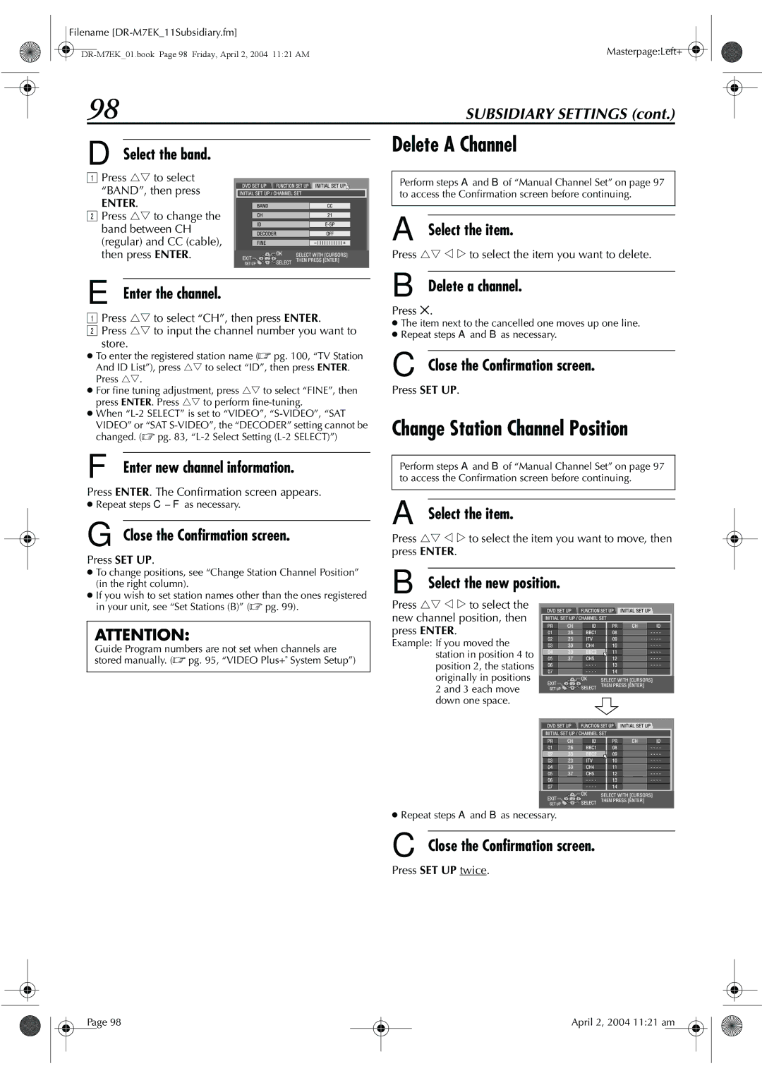 JVC DR-M7S manual Delete a Channel, Change Station Channel Position 