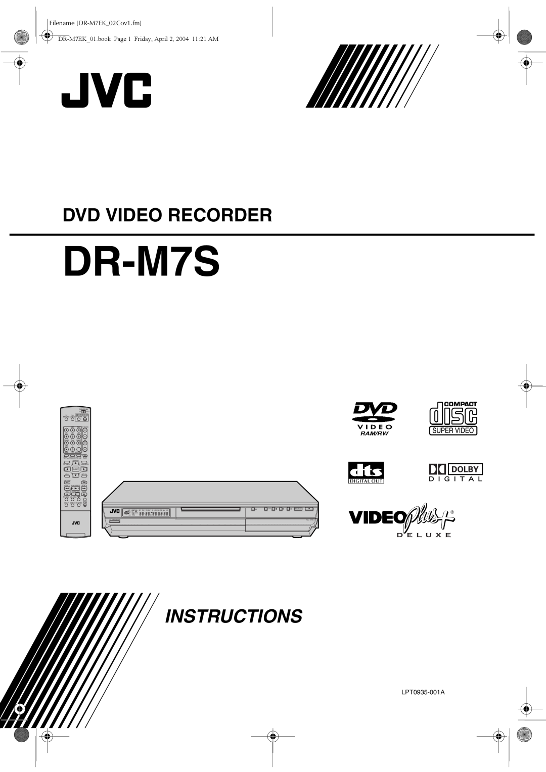 JVC DR-M7S manual Dvd Video Recorder, Instructions, Filename DR-M7EK02Cov1.fm, LPT0935-001A 