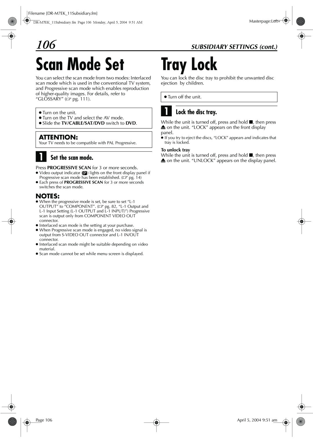 JVC DR-M7S Scan Mode Set, Tray Lock, A Set the scan mode, A Lock the disc tray, SUBSIDIARY SETTINGS cont, To unlock tray 