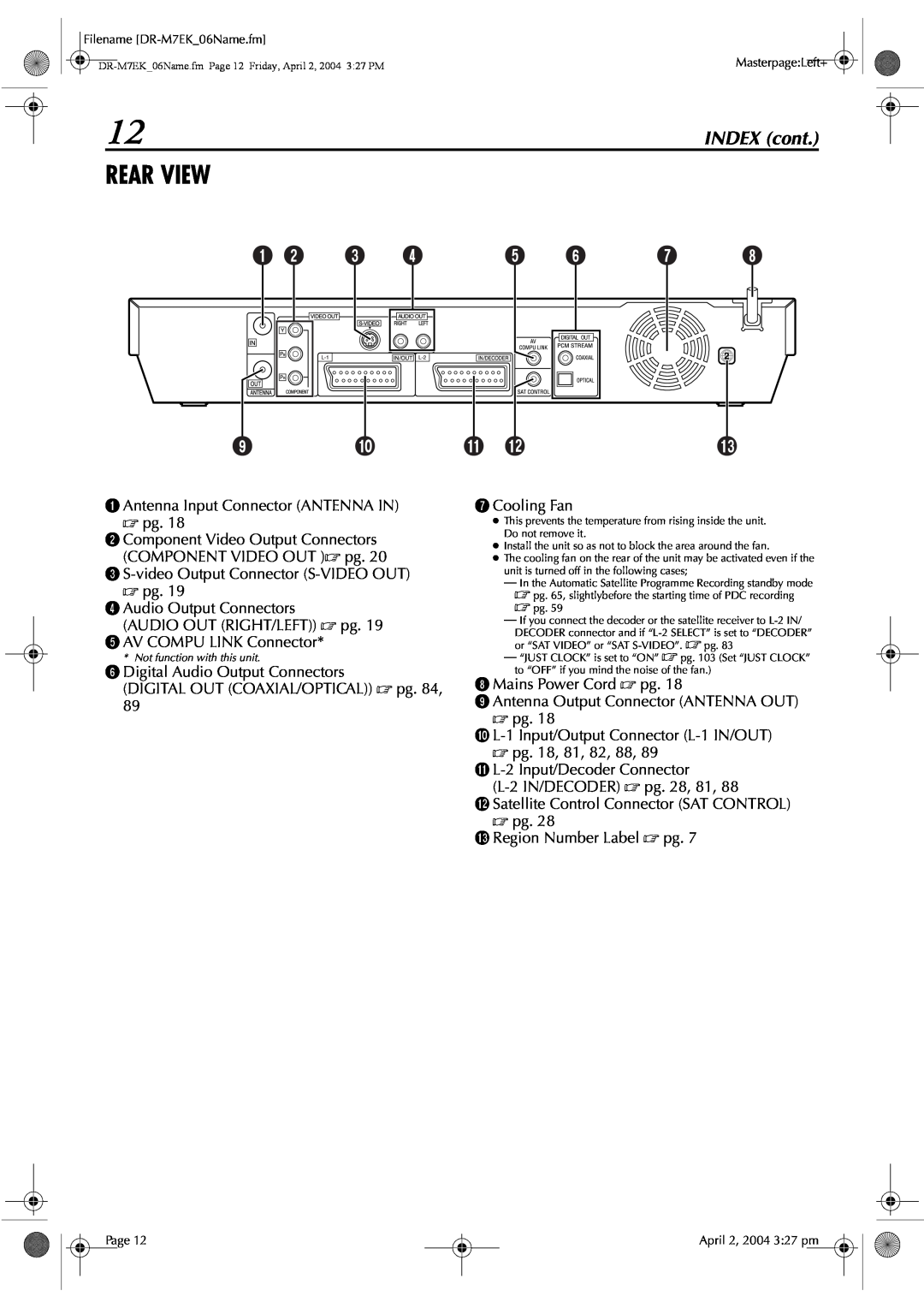 JVC DR-M7S manual Rear View, INDEX cont 