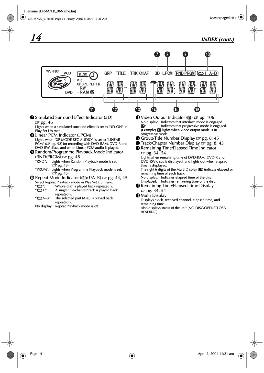 JVC DR-M7S manual INDEX cont, G Simulated Surround Effect Indicator 3D  pg, H Linear PCM Indicator LPCM,  pg. 34 