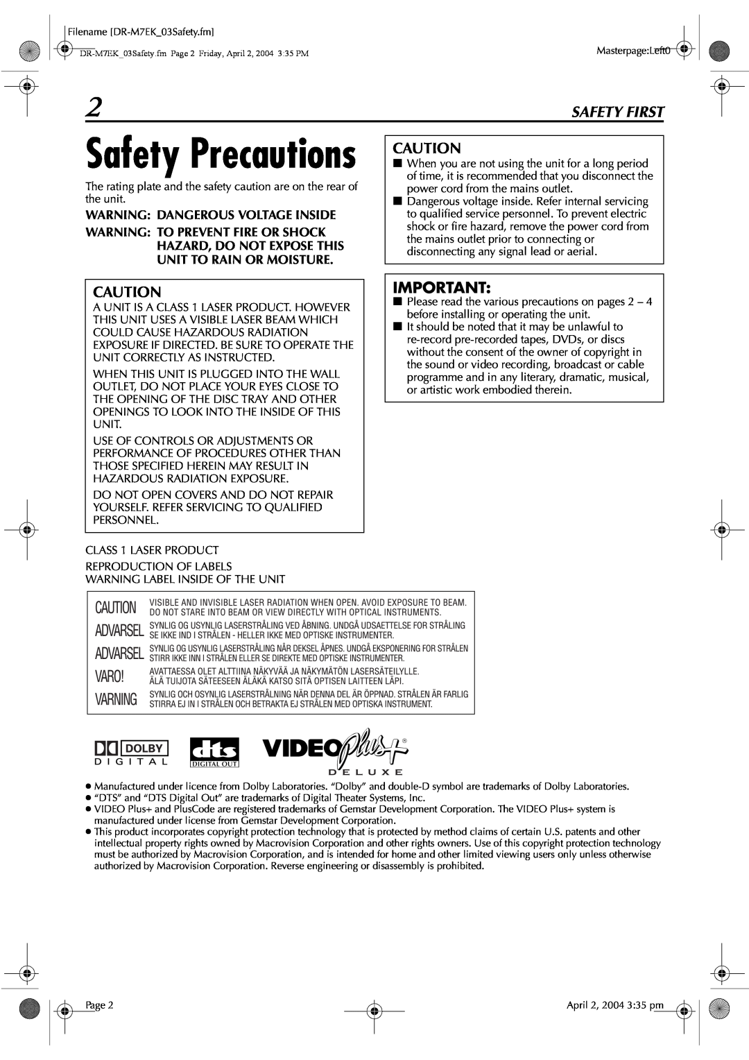 JVC DR-M7S manual Safety Precautions, Safety First, Warning Dangerous Voltage Inside 