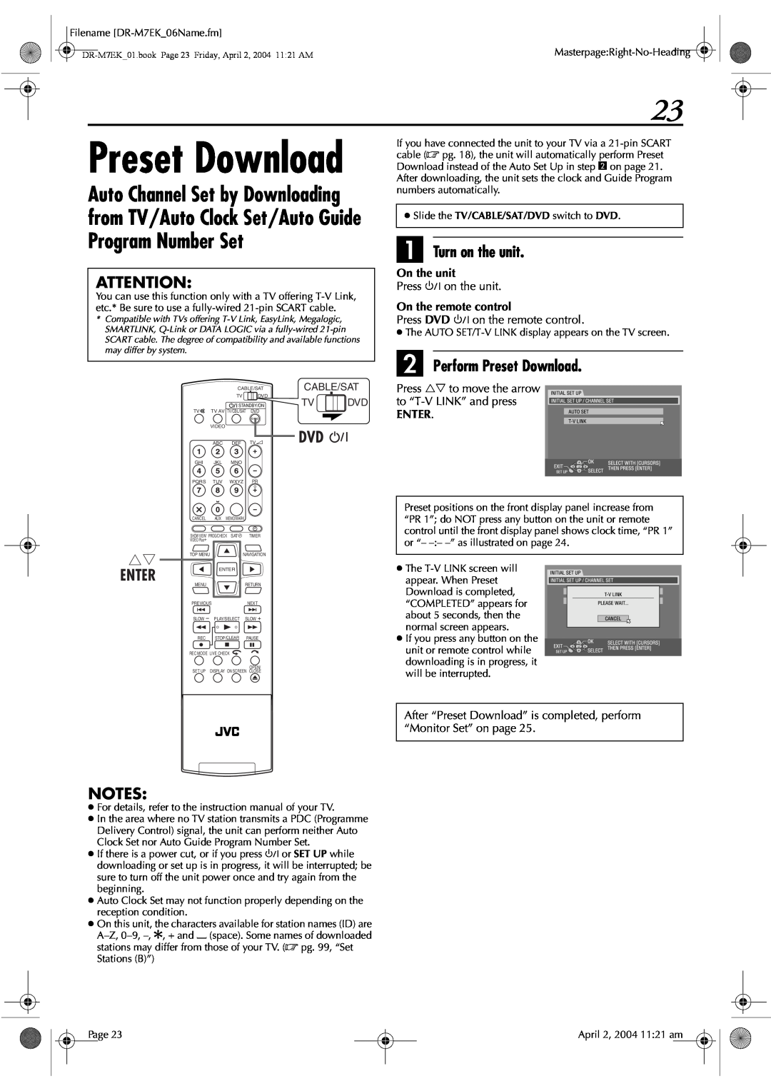 JVC DR-M7S manual B Perform Preset Download, Enter, Dvd F, A Turn on the unit, On the unit, On the remote control 