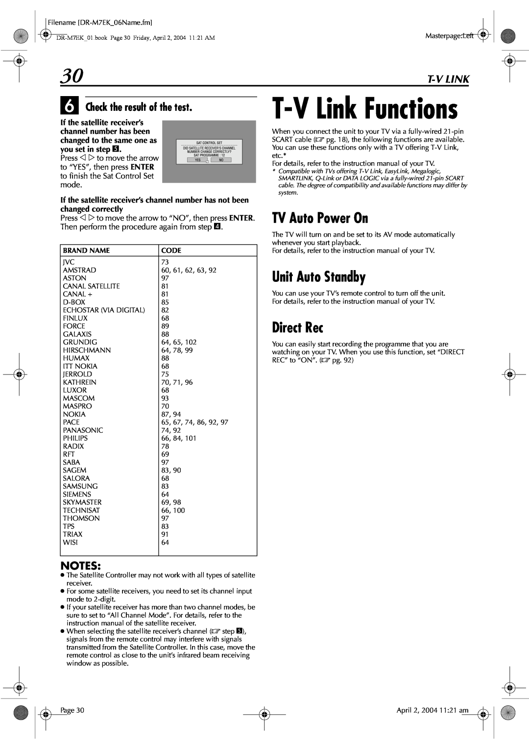 JVC DR-M7S manual T-V Link Functions, TV Auto Power On, Unit Auto Standby, Direct Rec, F Check the result of the test 
