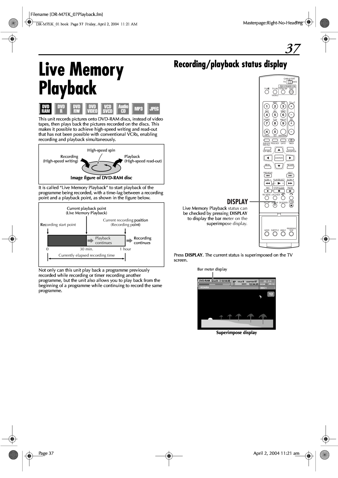 JVC DR-M7S manual Live Memory Playback, Recording/playback status display, Display, Image figure of DVD-RAM disc 