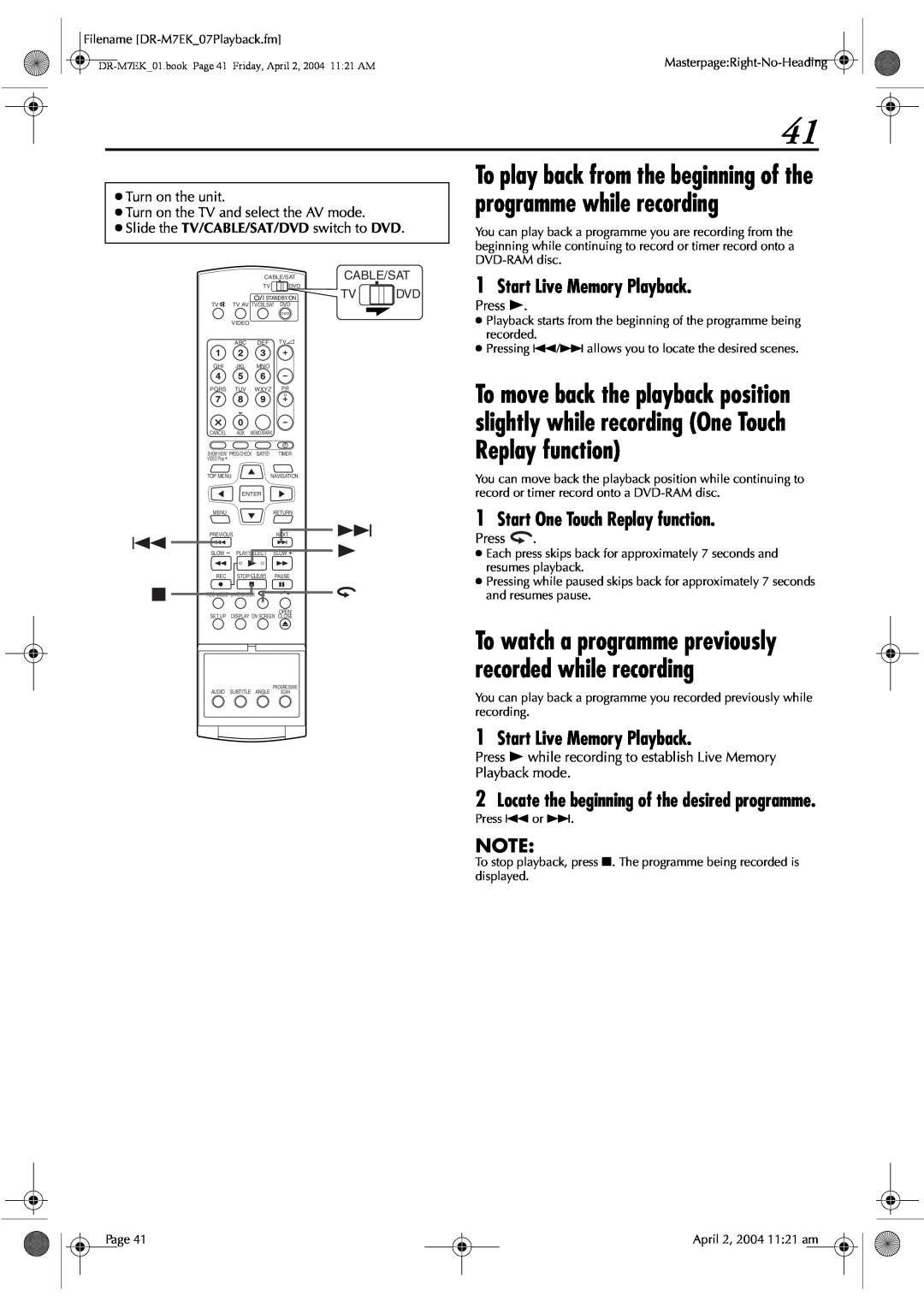 JVC DR-M7S manual To play back from the beginning of the programme while recording, Start Live Memory Playback 