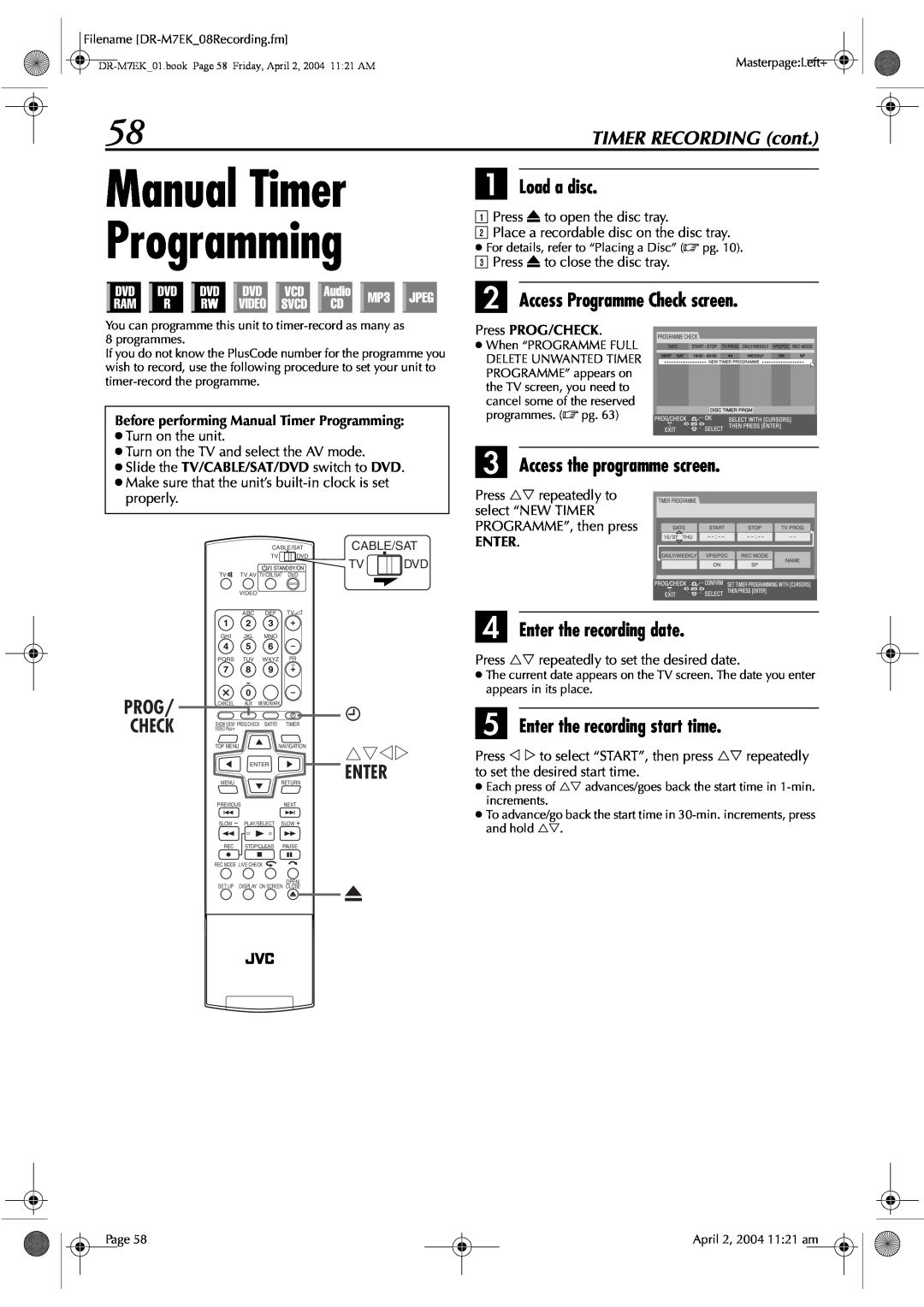 JVC DR-M7S manual Manual Timer Programming, B Access Programme Check screen, C Access the programme screen, rtwe, Enter 