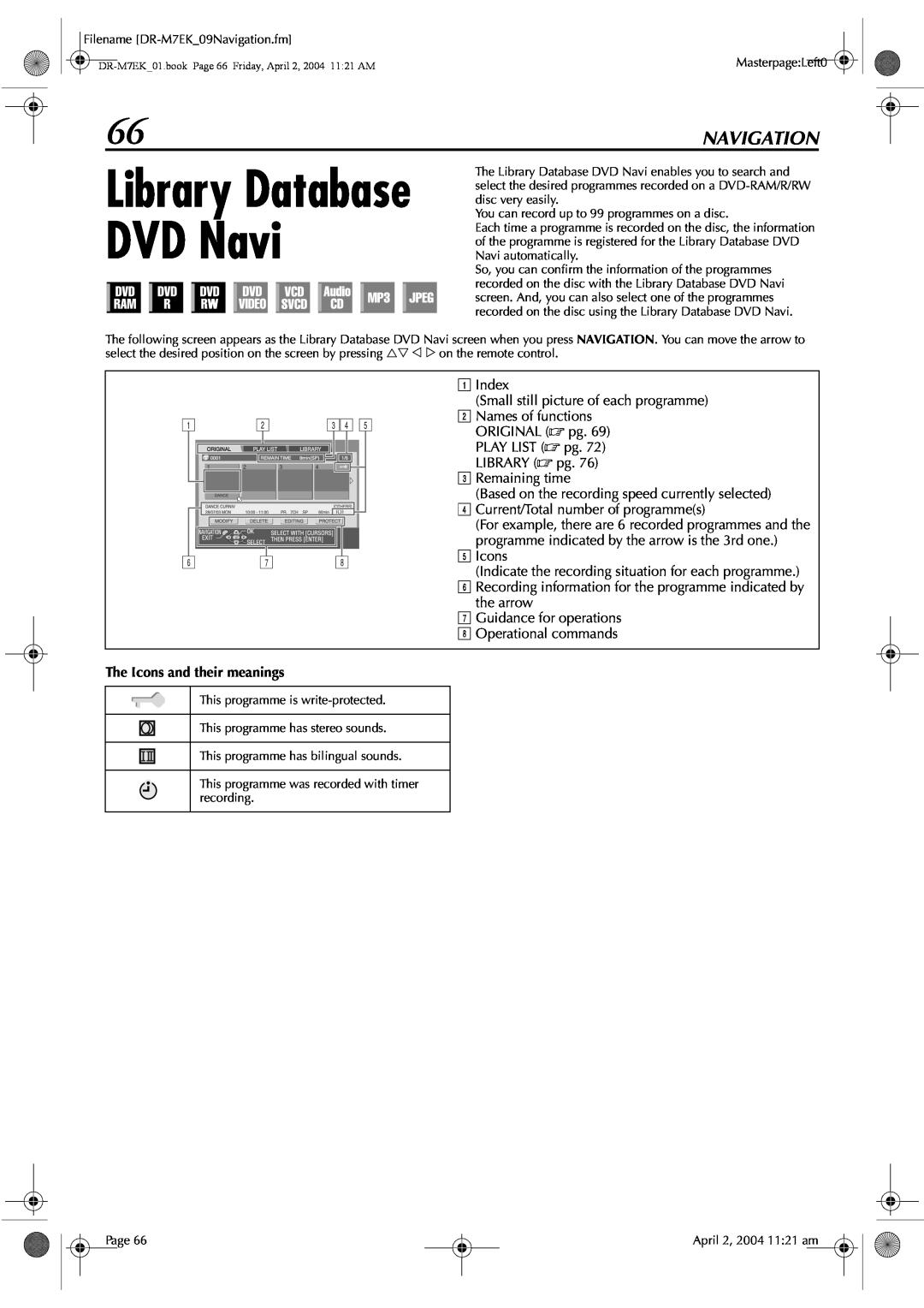 JVC DR-M7S manual Library Database DVD Navi, Navigation, The Icons and their meanings 