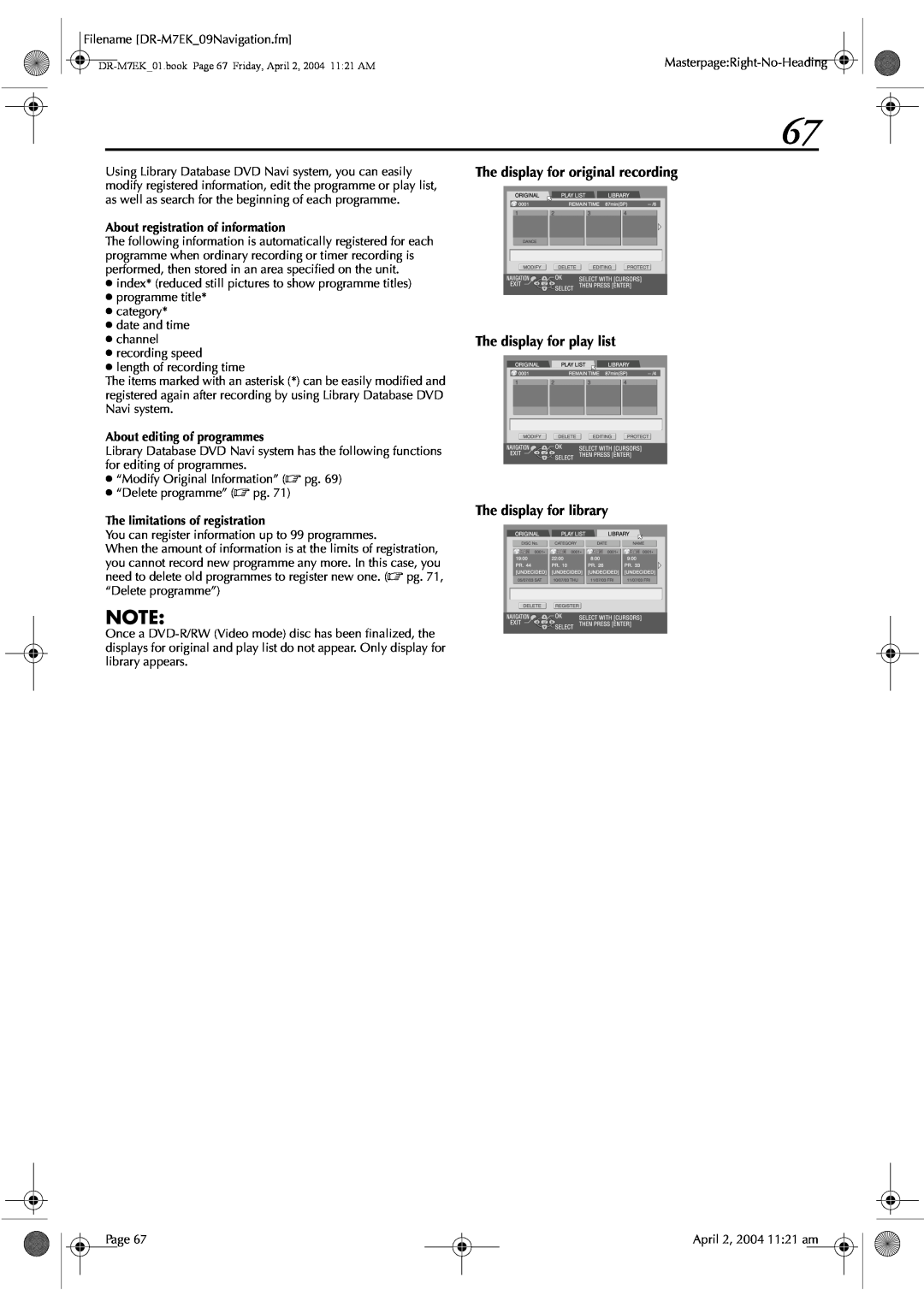 JVC DR-M7S manual The display for original recording The display for play list, The display for library 