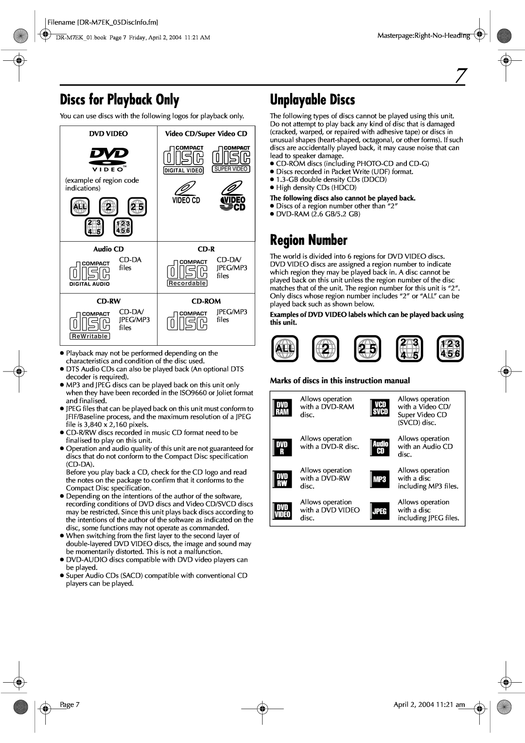 JVC DR-M7S Discs for Playback Only, Region Number, Unplayable Discs, Marks of discs in this instruction manual, Dvd Video 