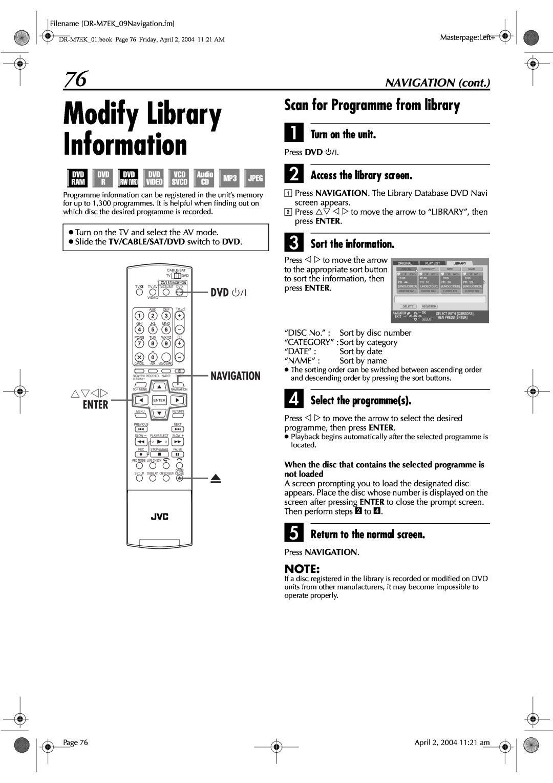 JVC DR-M7S Modify Library Information, Scan for Programme from library, Access the library screen, C Sort the information 