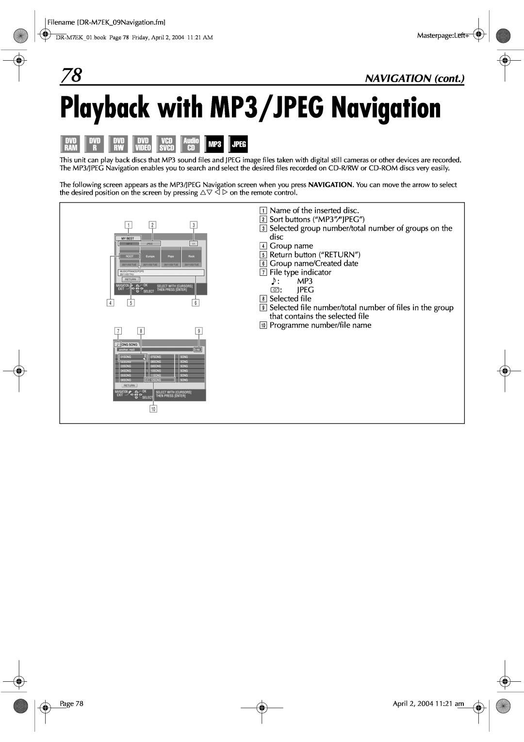 JVC DR-M7S manual Playback with MP3/JPEG Navigation, NAVIGATION cont 