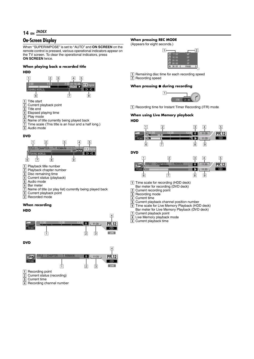 JVC DR-MH200SE manual On-Screen Display, When pressing REC Mode Appears for eight seconds, When pressing R during recording 