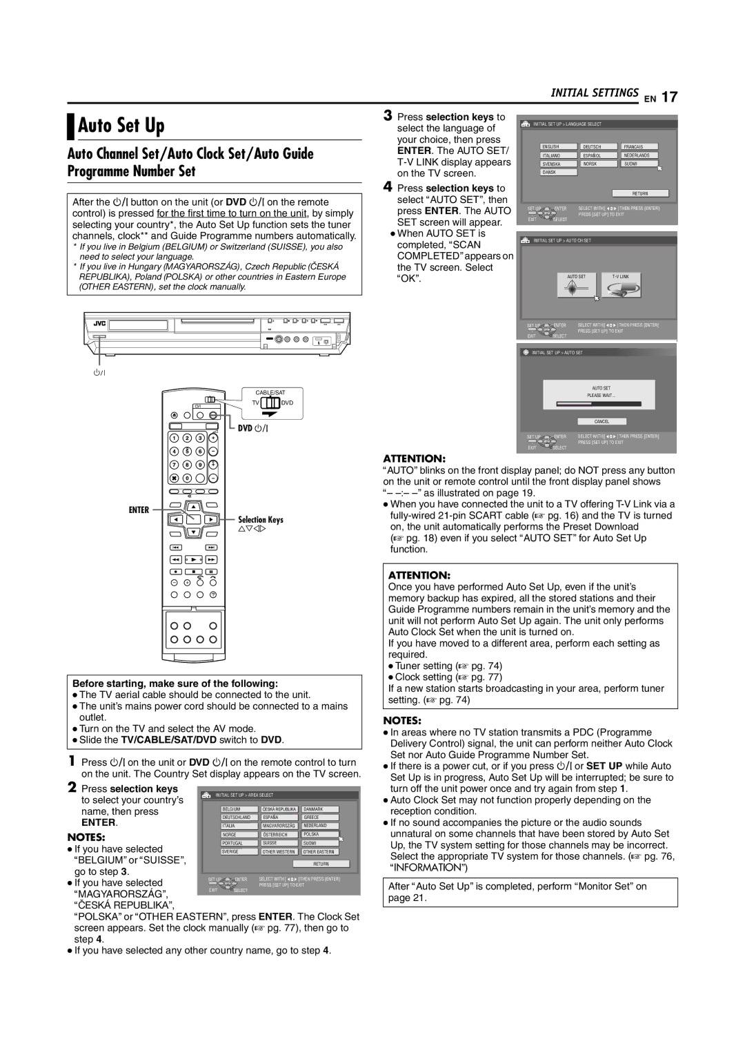 JVC DR-MH200SE manual Auto Set Up, Before starting, make sure of the following, Enter 