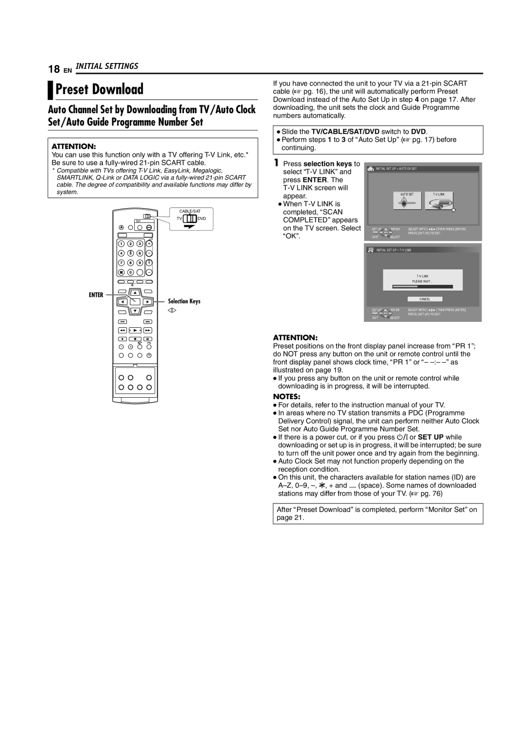 JVC DR-MH200SE Preset Download, Set/Auto Guide Programme Number Set, Auto Channel Set by Downloading from TV/Auto Clock 