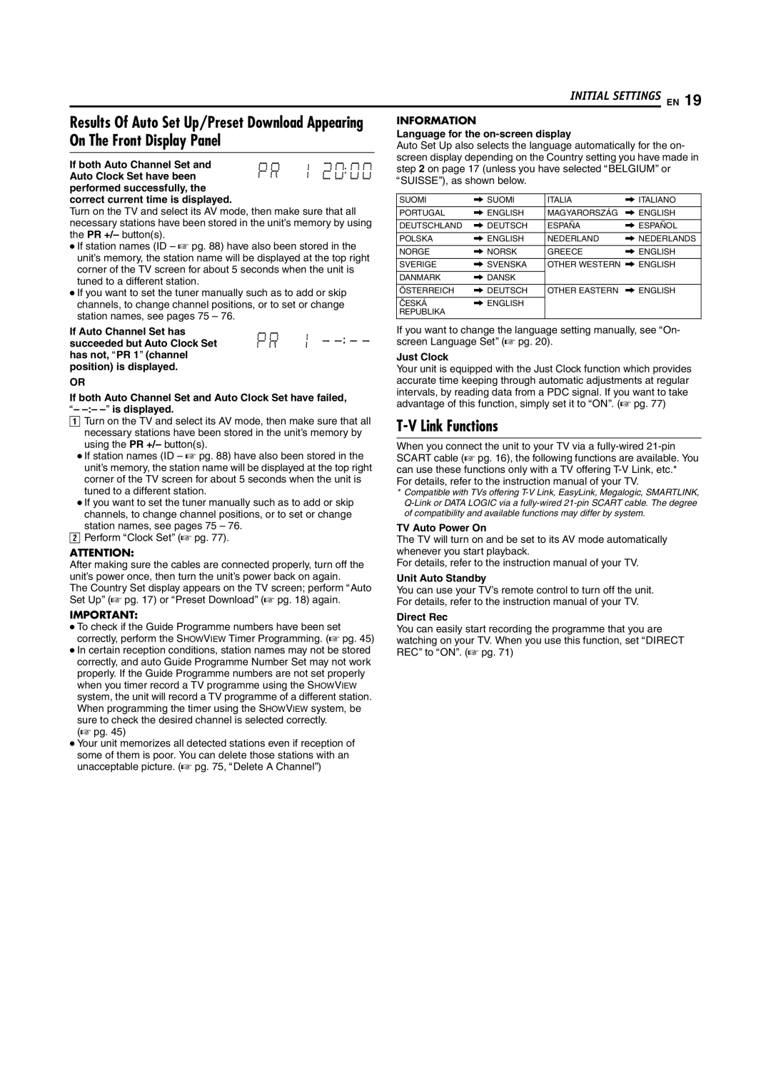 JVC DR-MH200SE manual On The Front Display Panel, Link Functions, Results Of Auto Set Up/Preset Download Appearing 