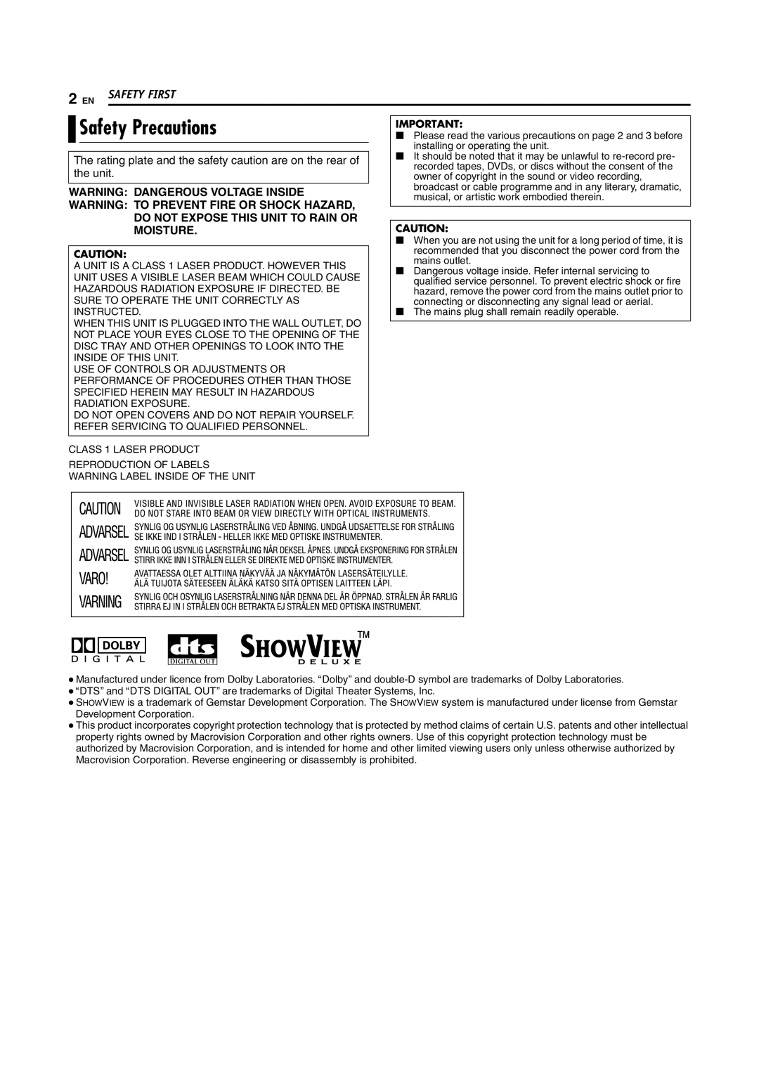 JVC DR-MH200SE manual Safety Precautions 