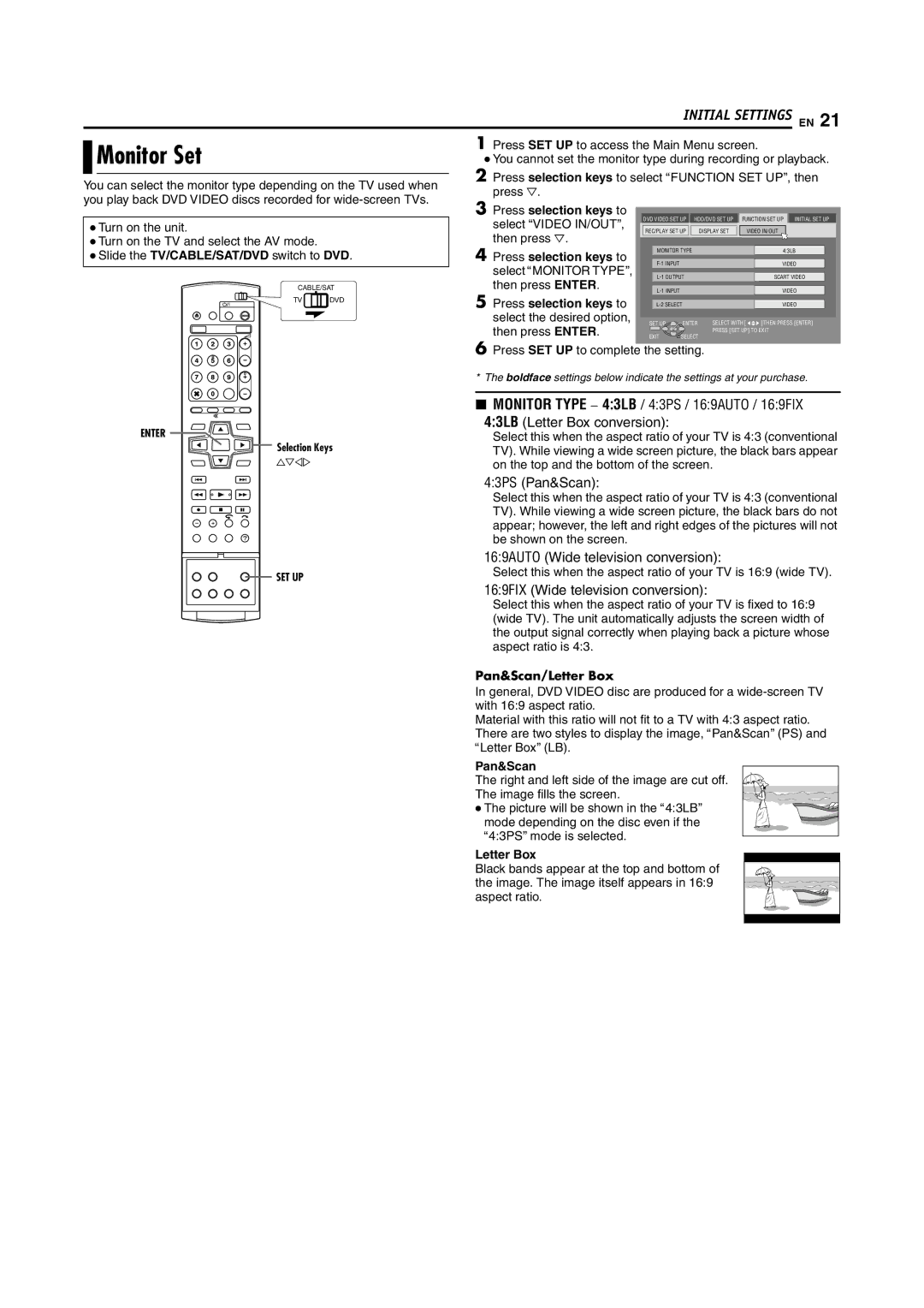 JVC DR-MH200SE manual Monitor Set, Pan&Scan/Letter Box 