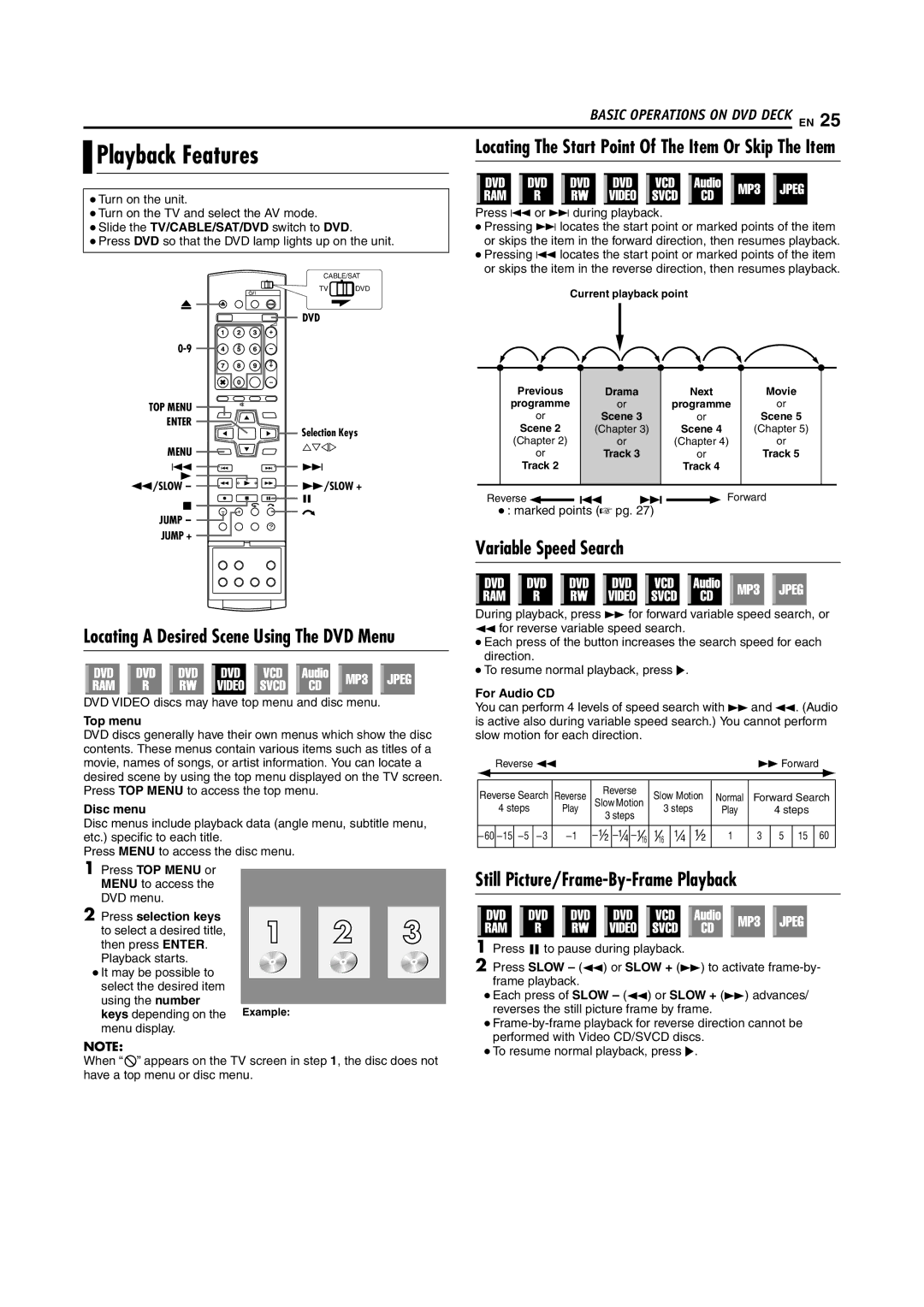 JVC DR-MH200SE manual Playback Features, Variable Speed Search, Still Picture/Frame-By-FramePlayback 