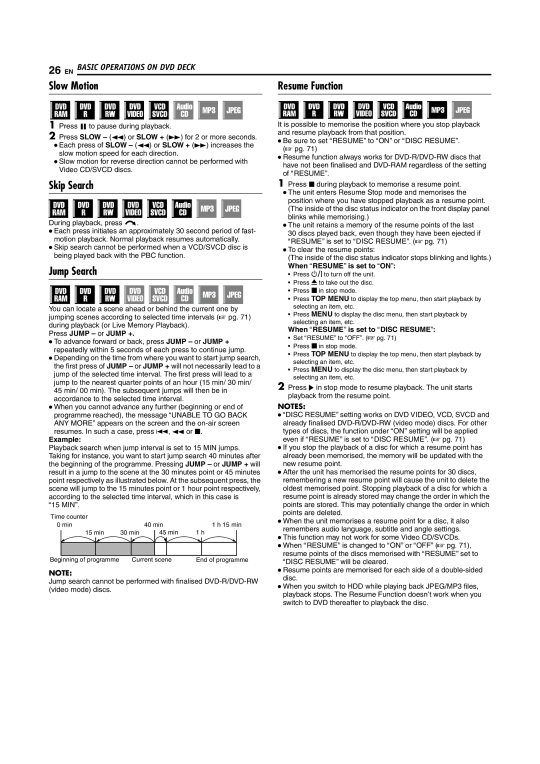 JVC DR-MH200SE manual Slow Motion Resume Function, Skip Search, Jump Search 