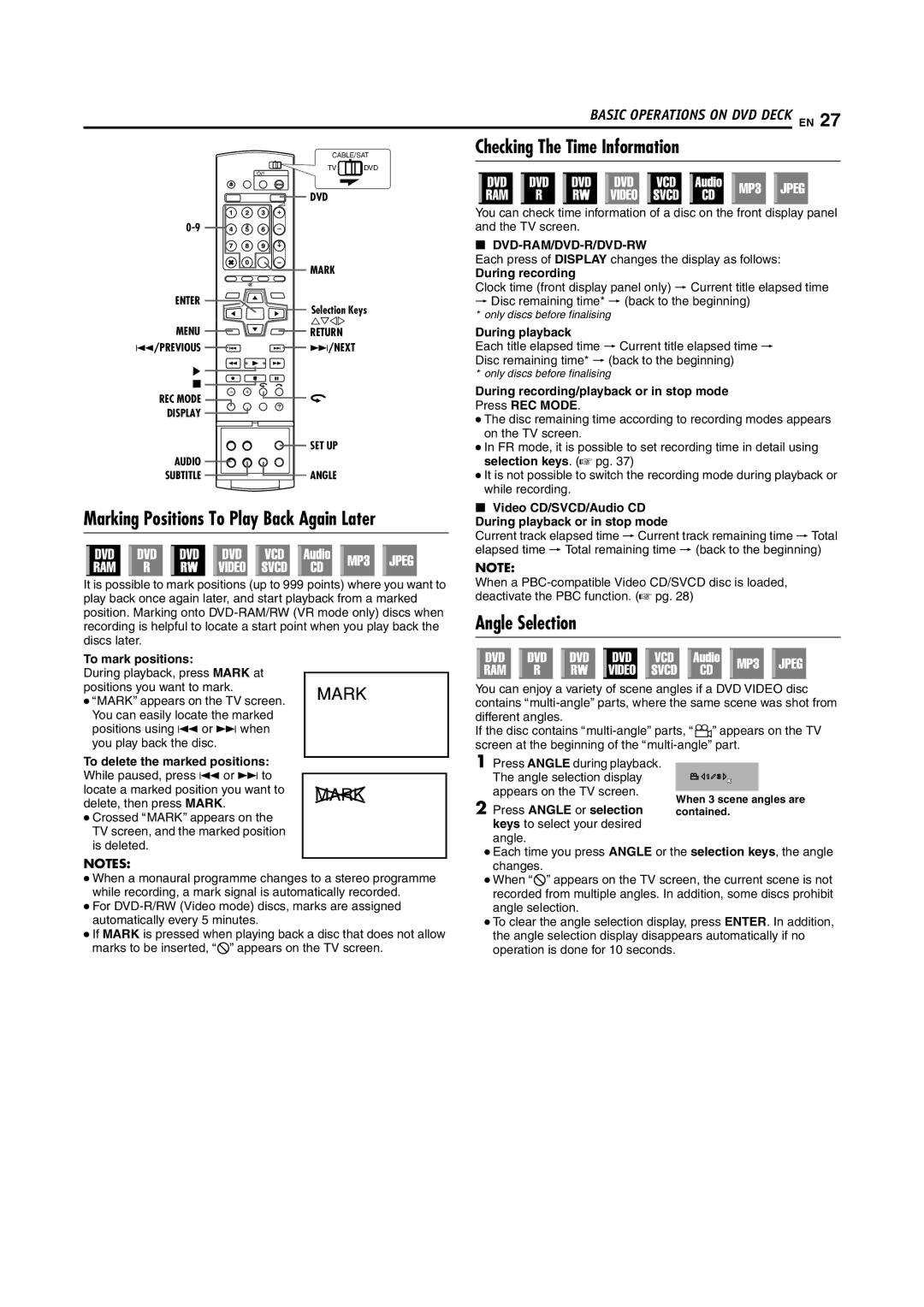 JVC DR-MH200SE manual Checking The Time Information, Marking Positions To Play Back Again Later, Angle Selection 