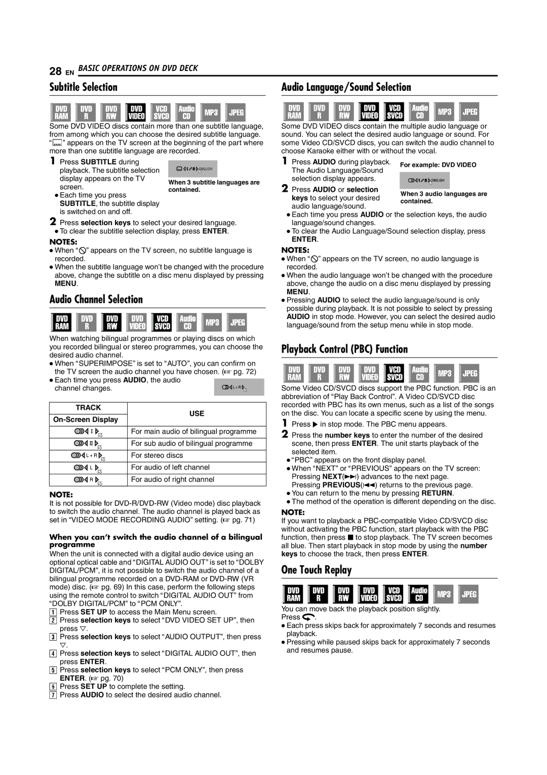 JVC DR-MH200SE Subtitle Selection Audio Language/Sound Selection, Audio Channel Selection, Playback Control PBC Function 