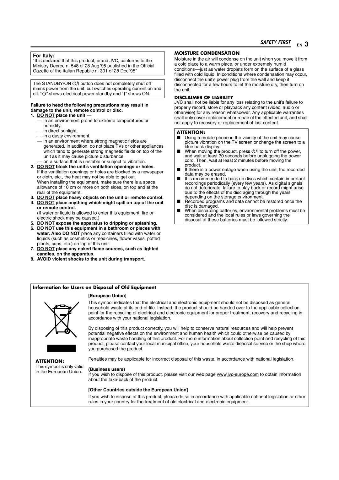 JVC DR-MH200SE manual Failure to heed the following precautions may result, Damage to the unit, remote control or disc 