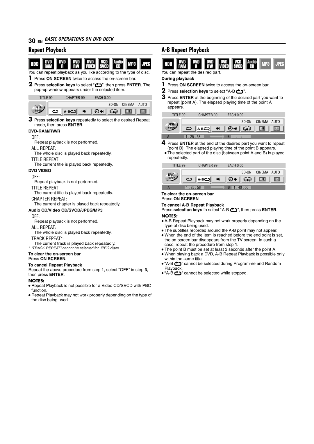 JVC DR-MH200SE manual Repeat Playback, Dvd-Ram/Rw/R, Audio CD/Video CD/SVCD/JPEG/MP3 