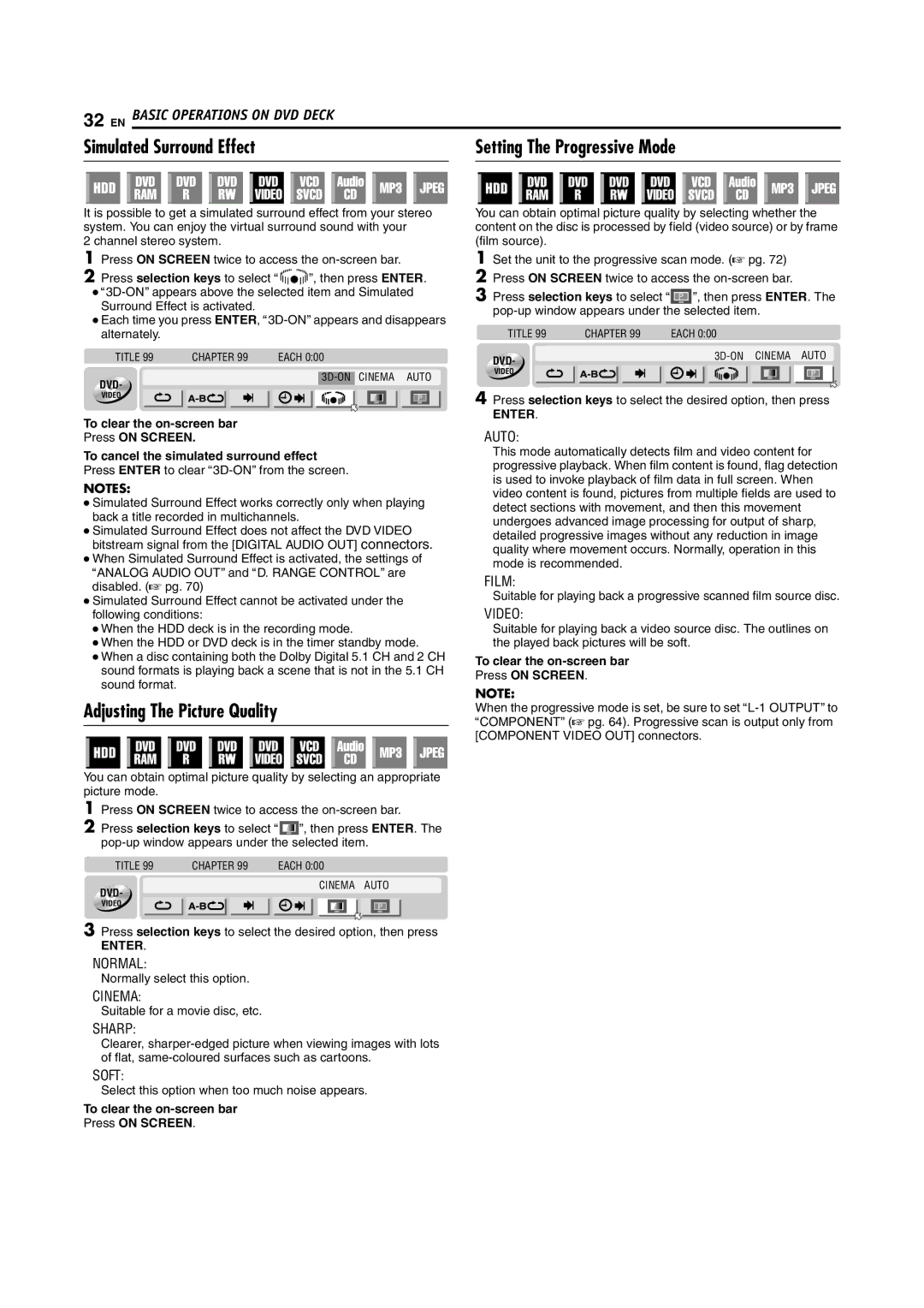 JVC DR-MH200SE manual Simulated Surround Effect Setting The Progressive Mode, Adjusting The Picture Quality 