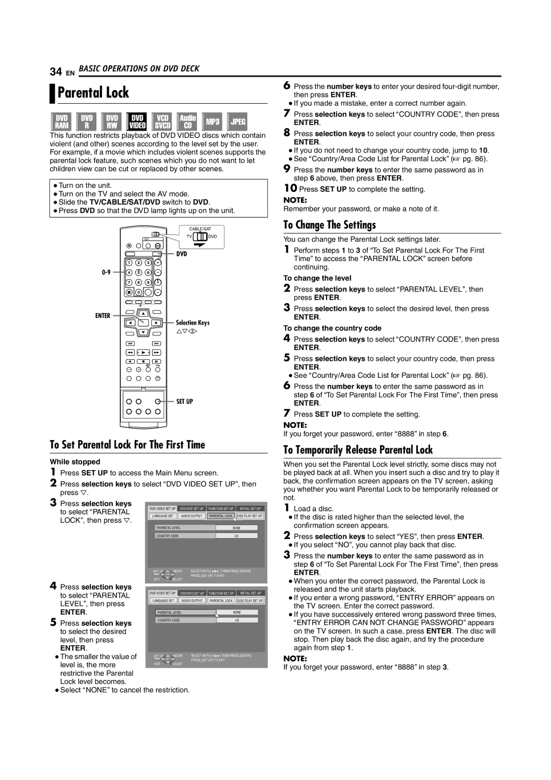 JVC DR-MH200SE manual Parental Lockthen press Enter, To Set Parental Lock For The First Time, To Change The Settings 