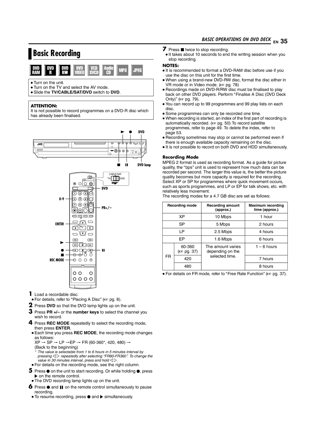 JVC DR-MH200SE manual Basic Recording, Recording Mode 