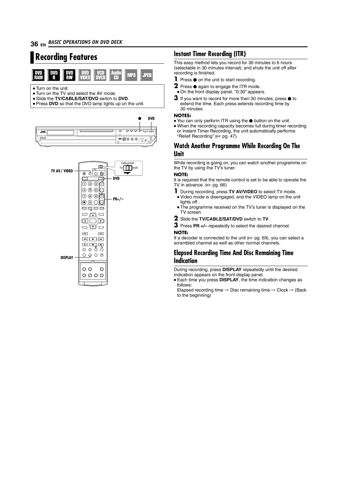 JVC DR-MH200SE manual Recording Features, Instant Timer Recording ITR, Watch Another Programme While Recording On The Unit 