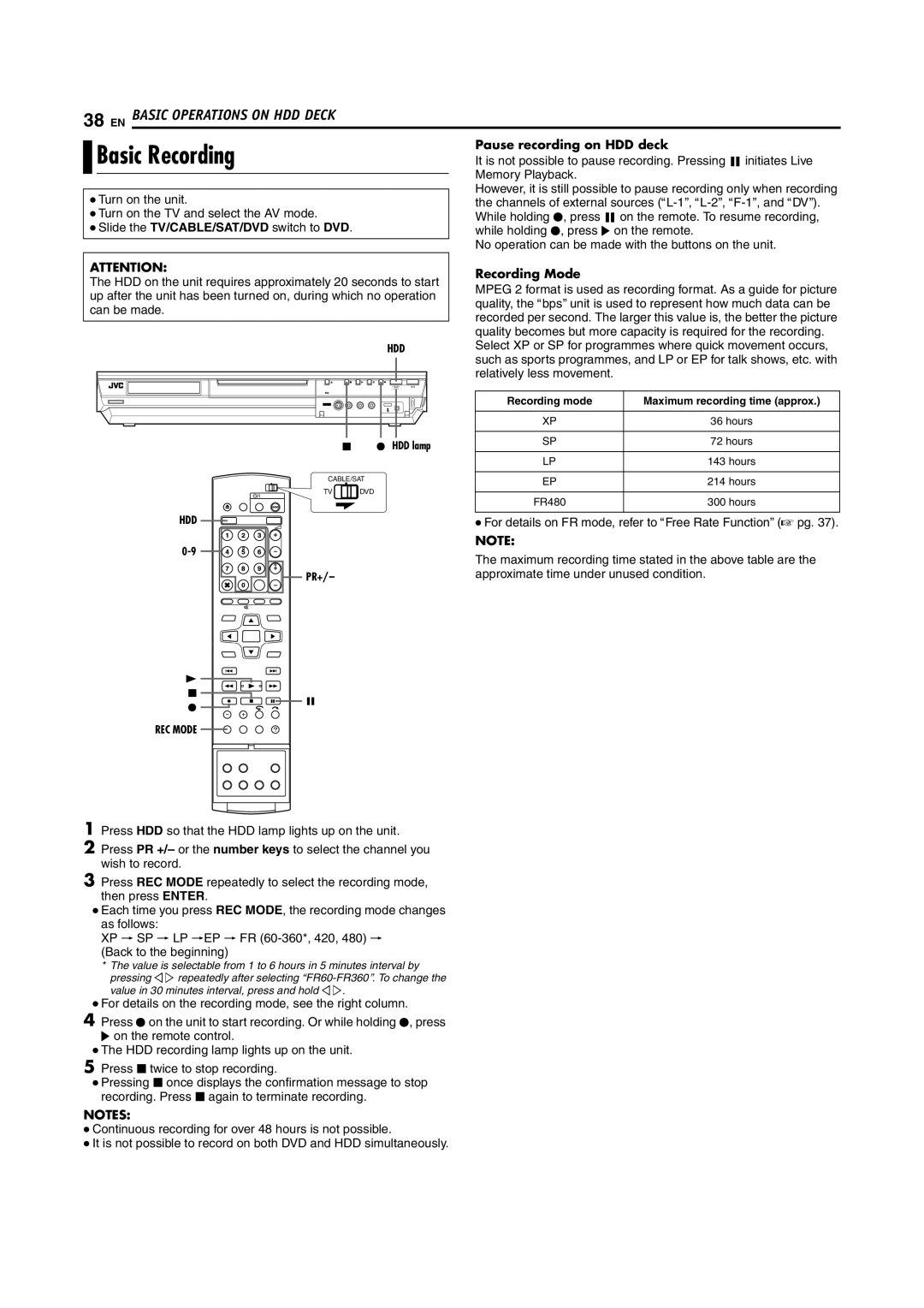 JVC DR-MH200SE manual Pause recording on HDD deck, Memory Playback 