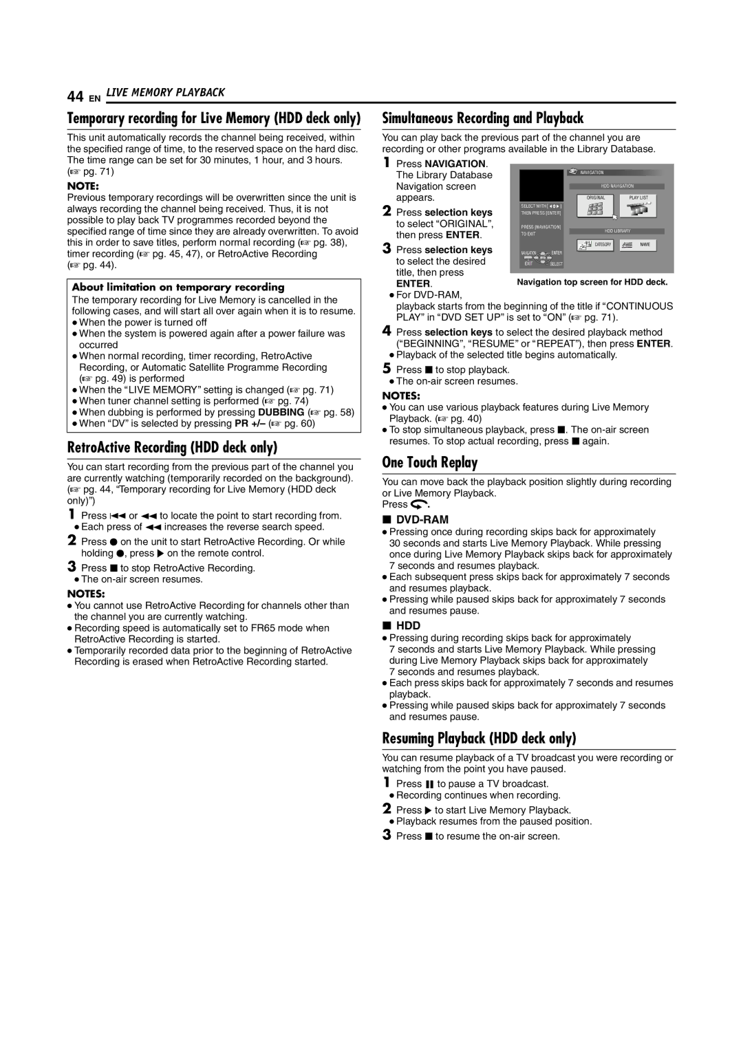 JVC DR-MH200SE manual RetroActive Recording HDD deck only, Resuming Playback HDD deck only 