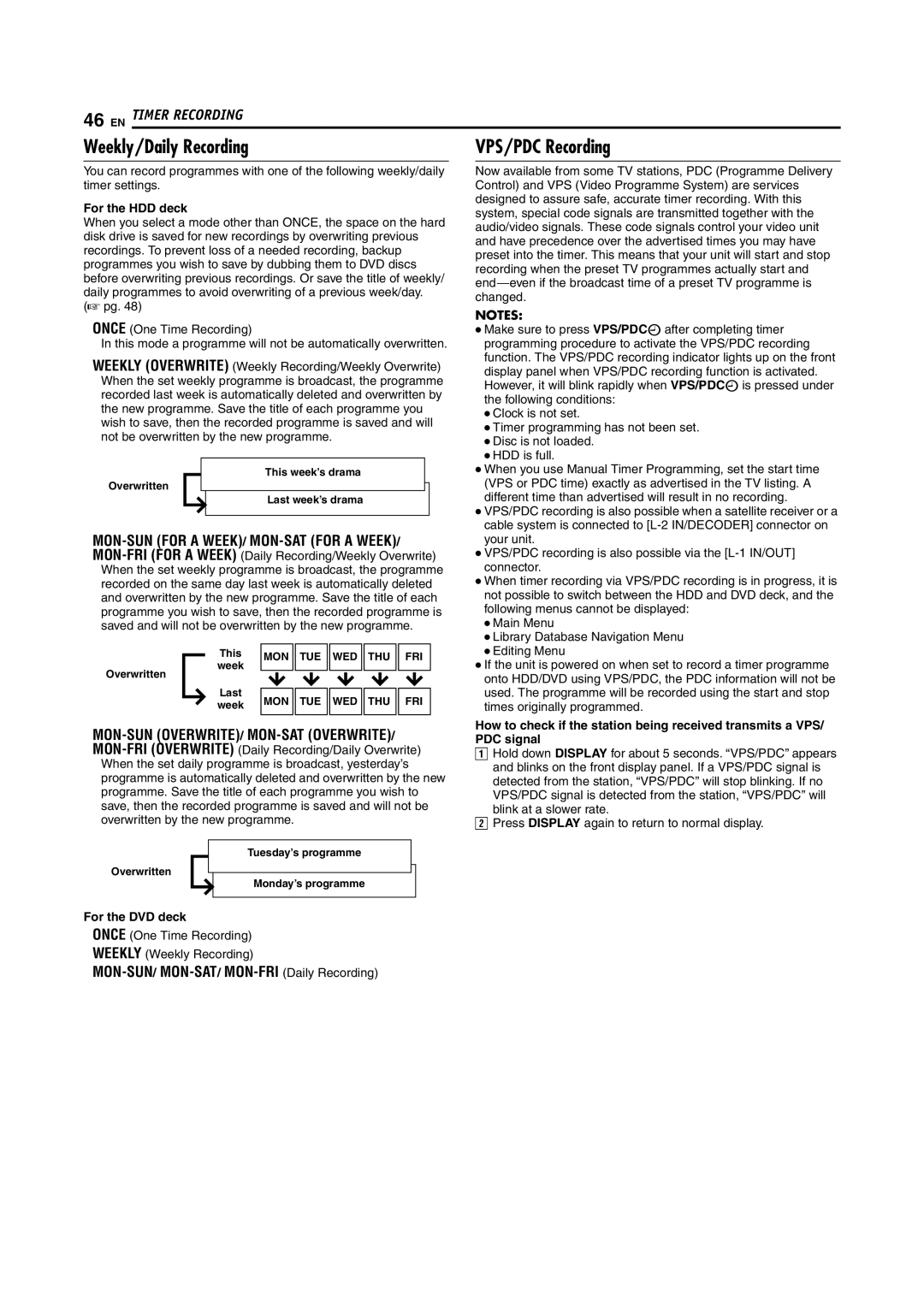 JVC DR-MH200SE manual Weekly/Daily Recording, VPS/PDC Recording, For the HDD deck, For the DVD deck 