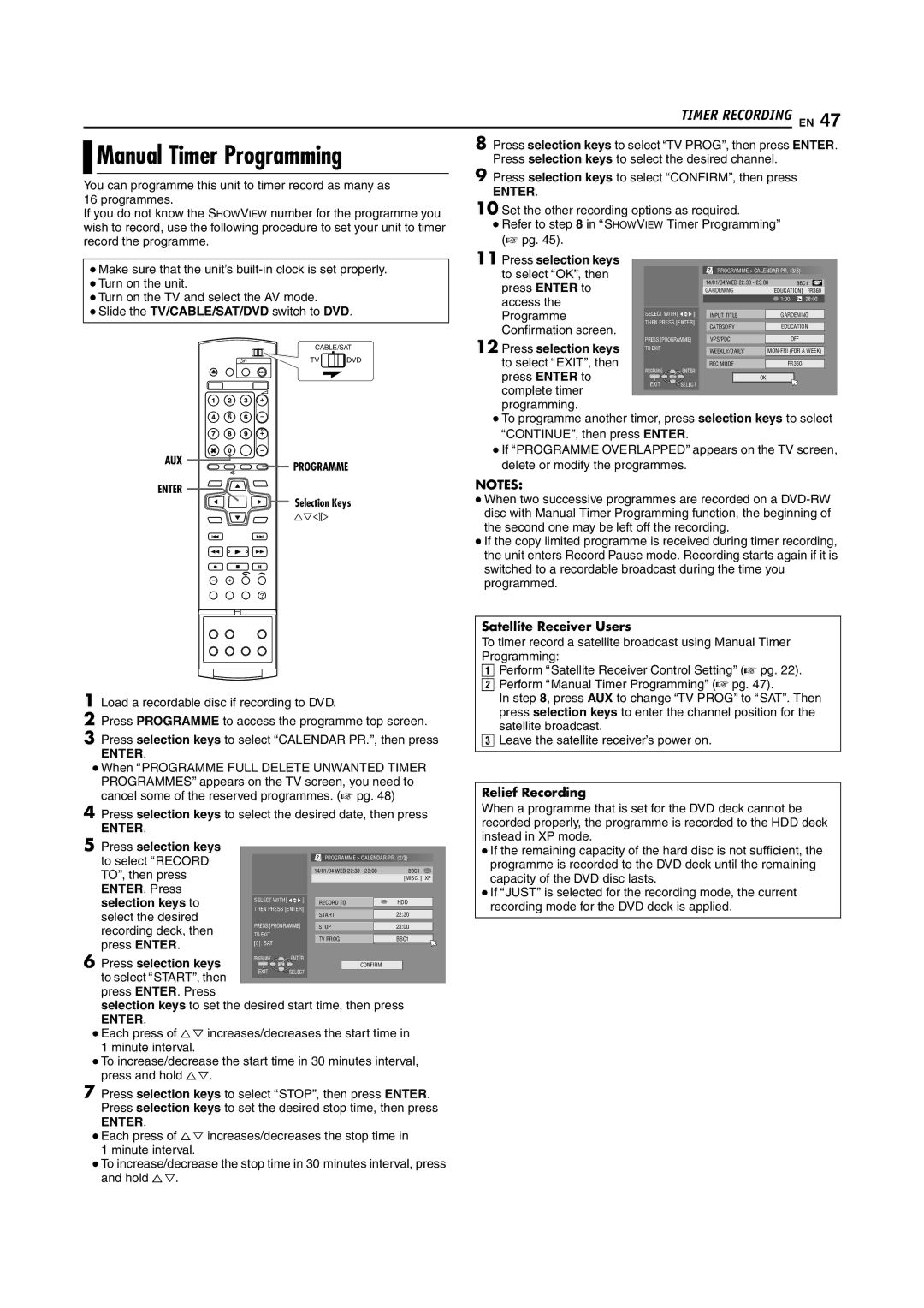 JVC DR-MH200SE manual Manual Timer Programming, Relief Recording 