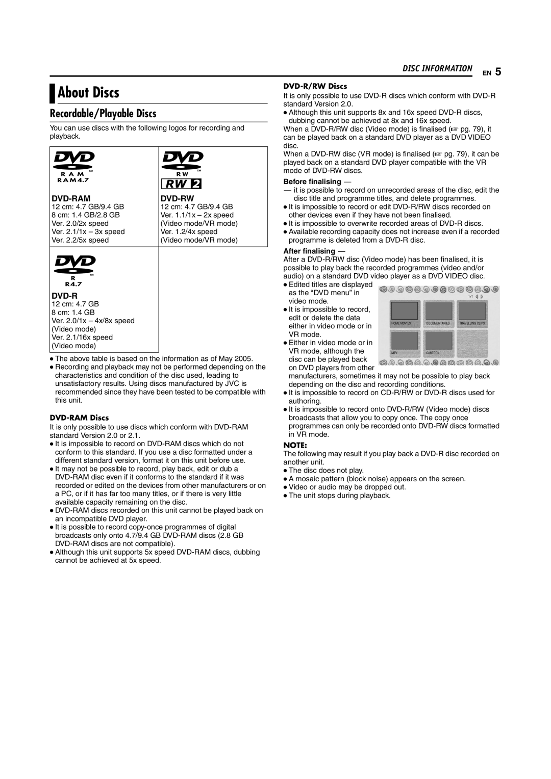 JVC DR-MH200SE manual About Discs, Recordable/Playable Discs, DVD-R/RW Discs, DVD-RAM Discs 