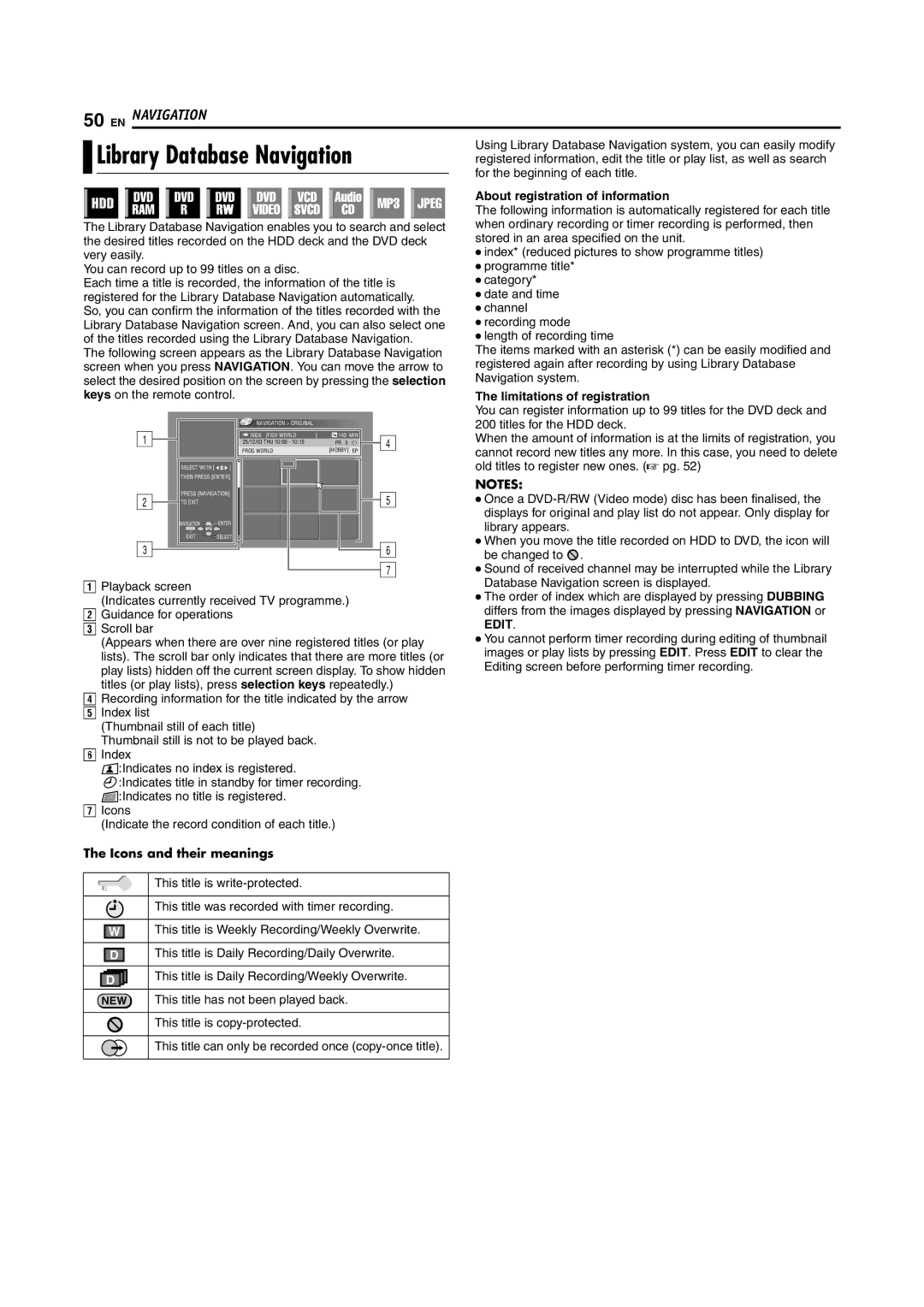 JVC DR-MH200SE manual Library Database Navigation, About registration of information, Limitations of registration, Edit 