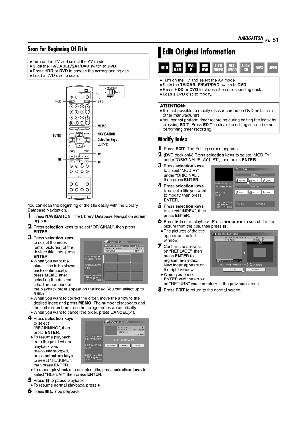 JVC DR-MH200SE manual Edit Original Information, Scan For Beginning Of Title, Modify Index 